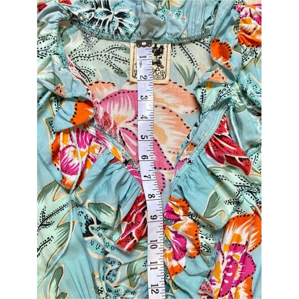 Jaase Boho Aqua Light Blue Floral Dress Ruffle Flowy Tassel Smocked Medium - Picture 13 of 16